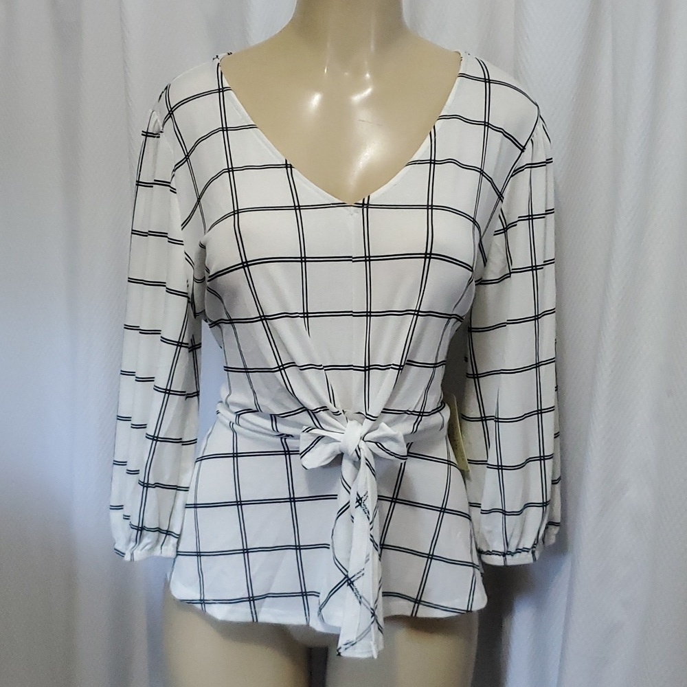NWT Flower & Feather Black White Tie Front Blouse Windowpane Plaid Size XL